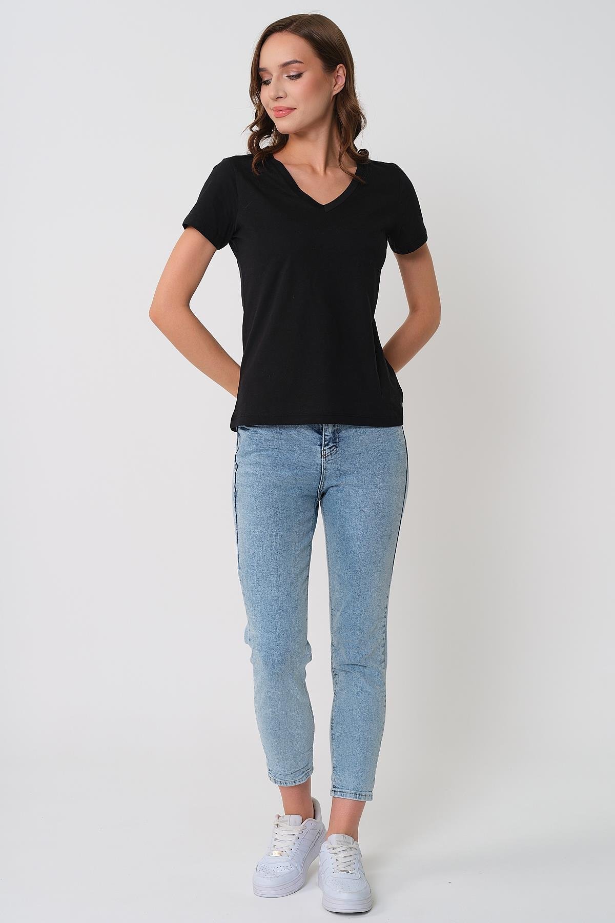 Kadın V Yaka Kısa Kol T-Shirt - Siyah