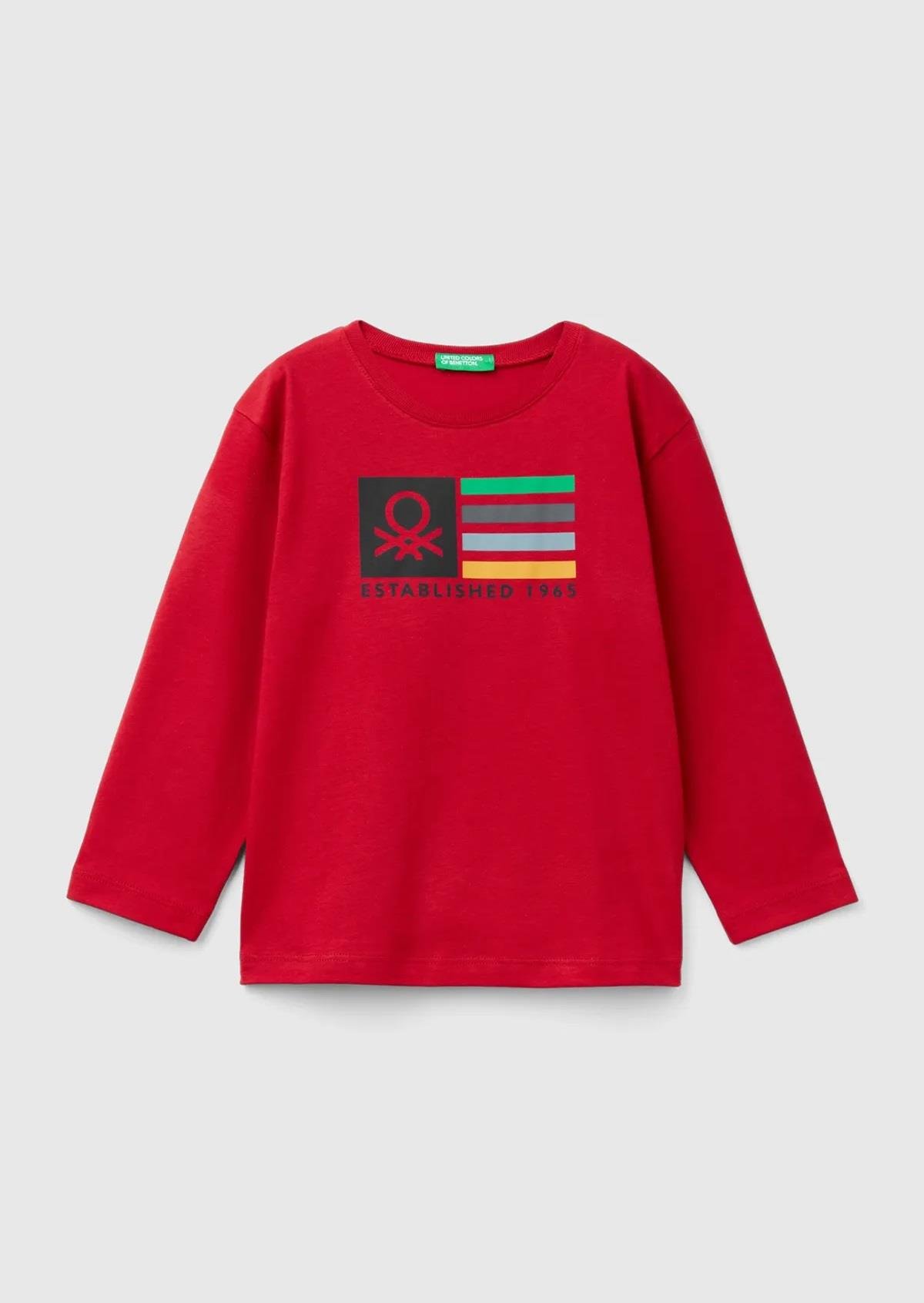 United Colors of Benetton Erkek Çocuk Kırmızı Çok Renkli Logo Baskılı Bisiklet Yaka Uzun Kollu T-Shirt
