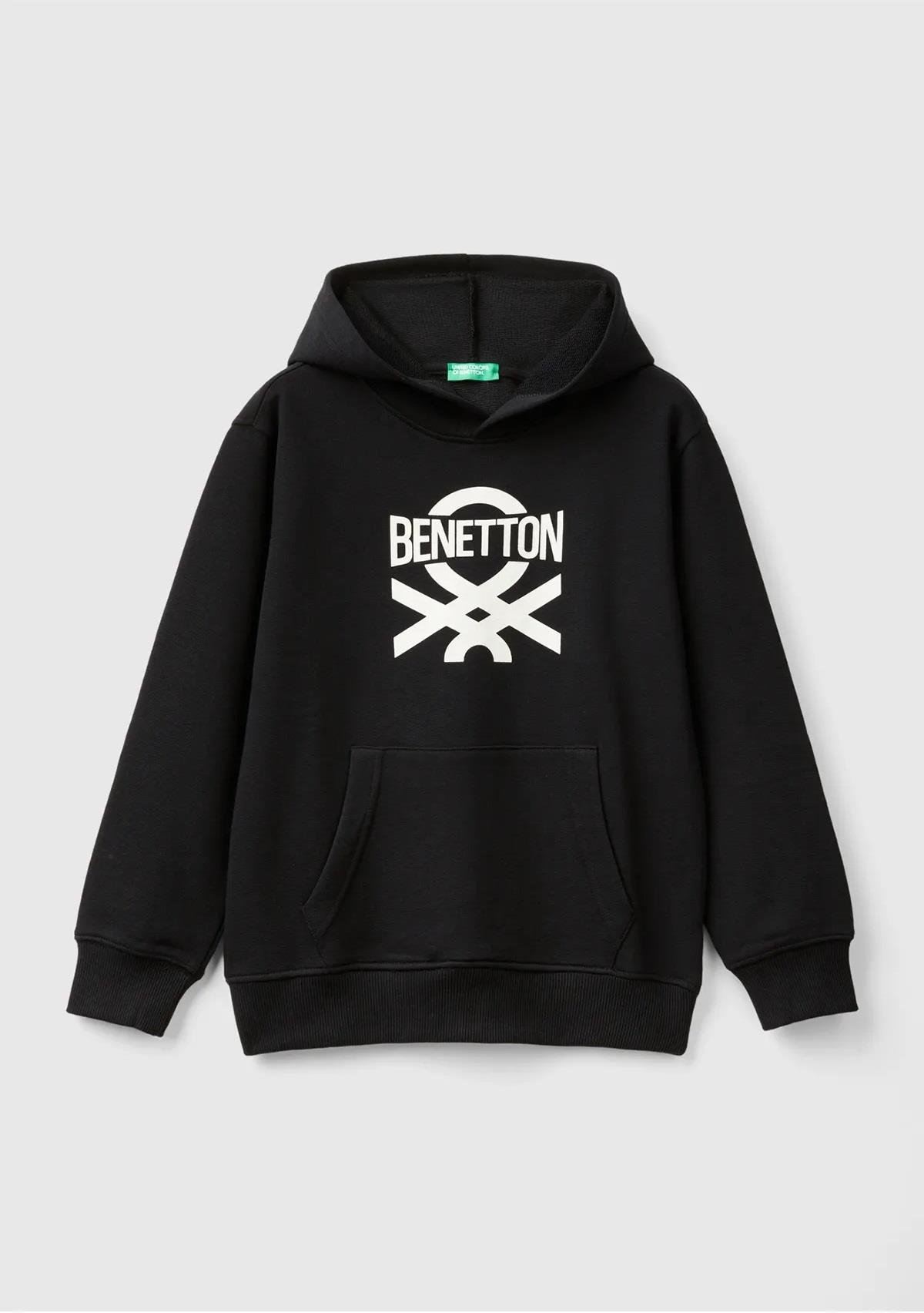 United Colors of Benetton Erkek Çocuk Siyah Önü Logo Baskılı Ribanalı Kapüşonlu Sweatshirt