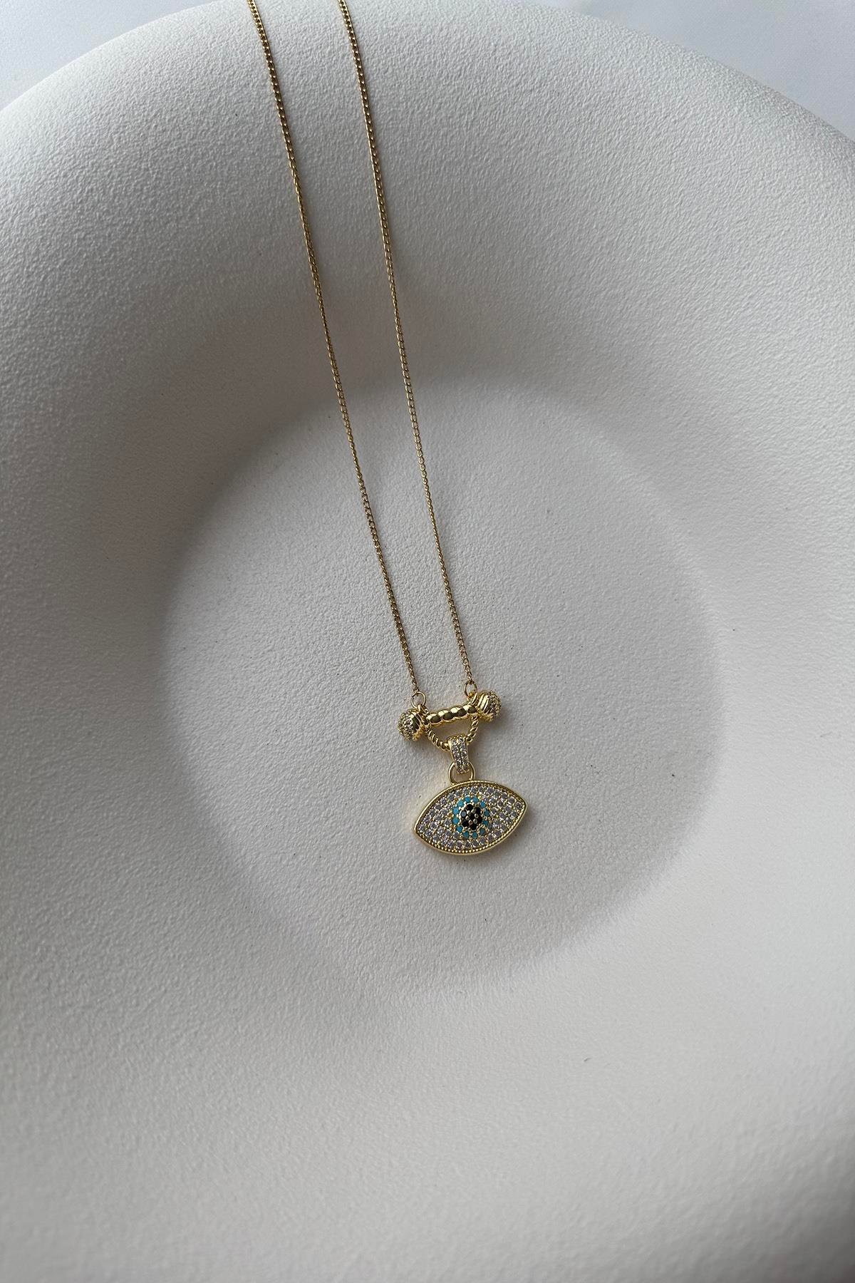 TAŞLI NAZARLI ÇELİK GOLD KOLYE