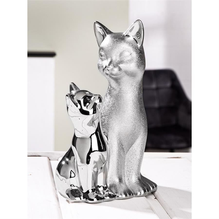 Gılde 2'Li Şekil Kedi Porselen Gümüş Renkli L.11 cm W.15 cm H.22 cm