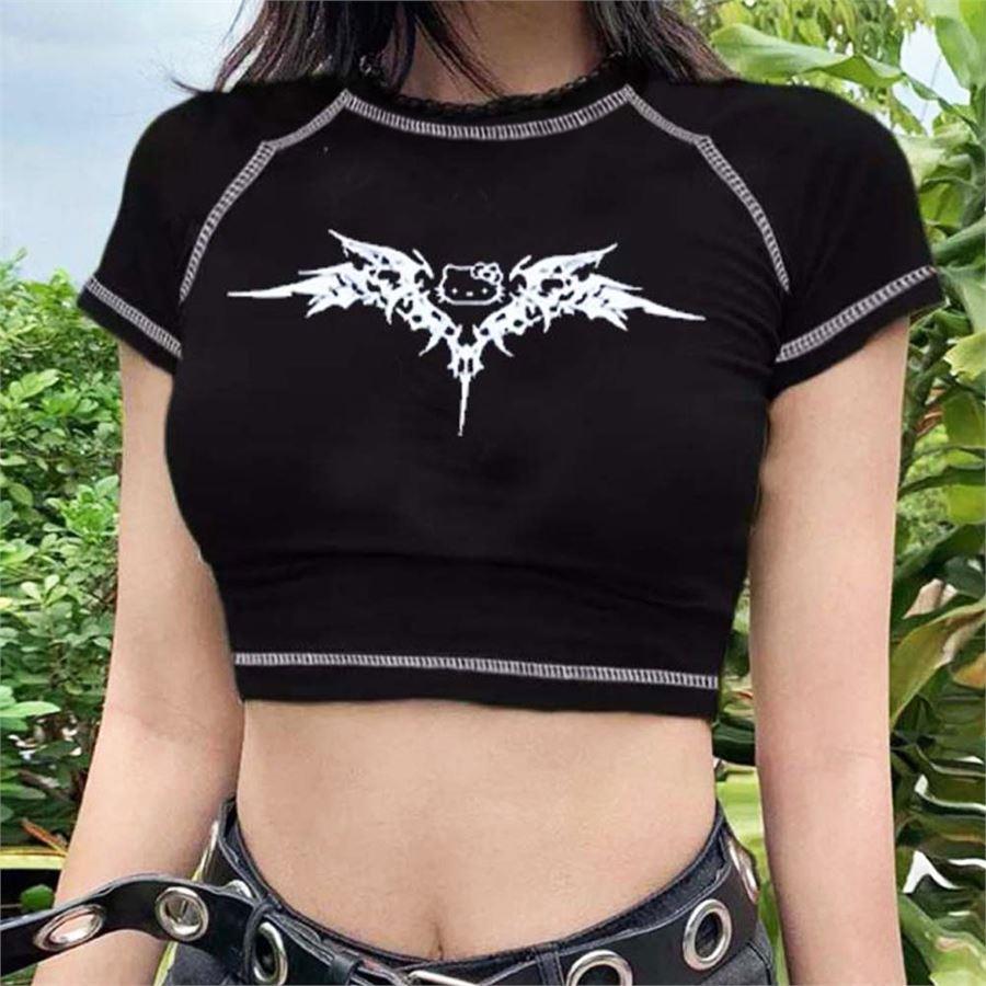 Siyah Anime Gotik Hello Kitty Y2K Kısa Kollu Crop