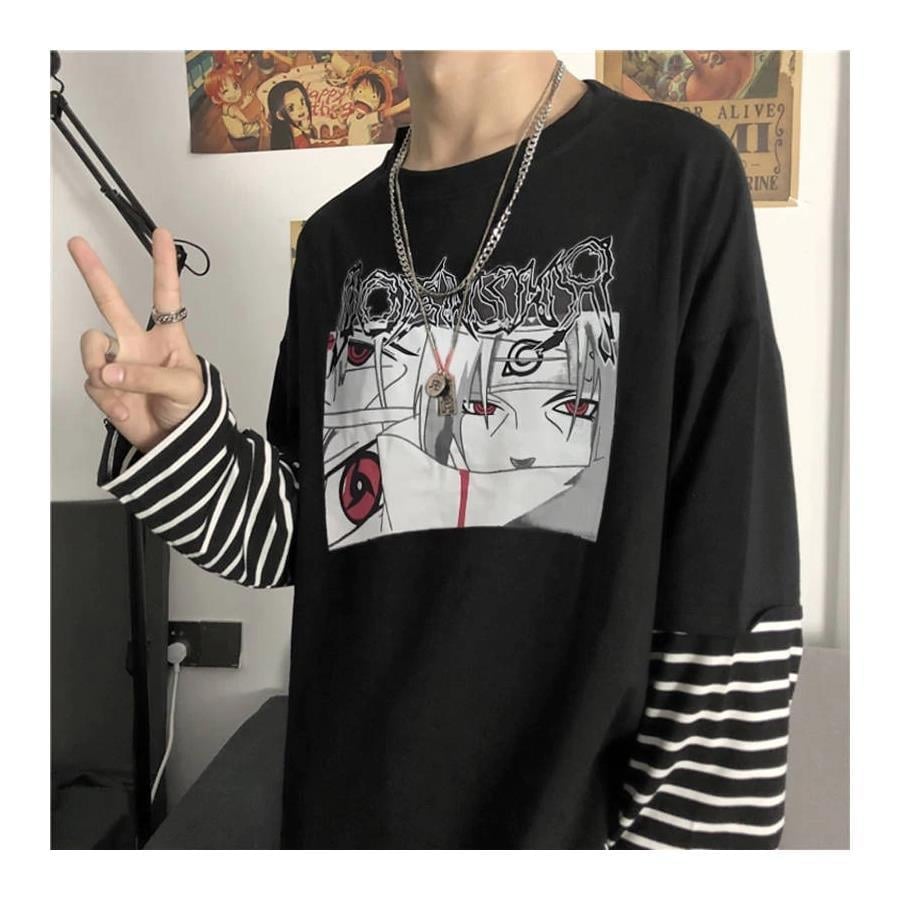 Anime Naruto Itachı Uchiha Graffiti Logo Çizgili Kollu Unisex T-Shirt