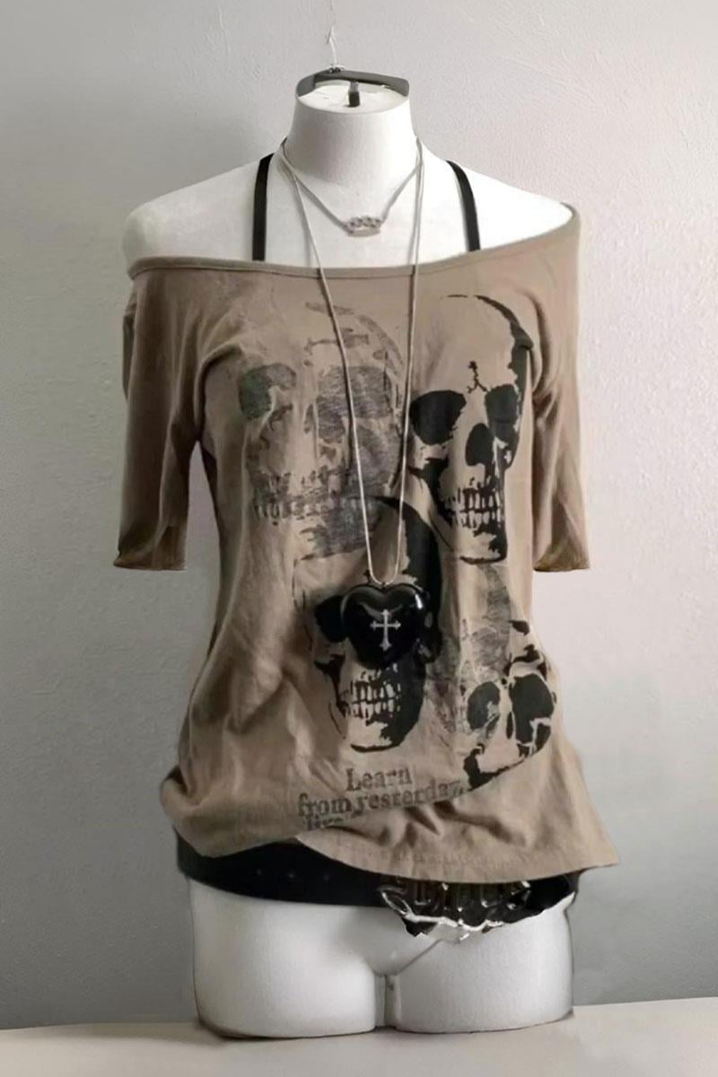 Bej Gothic Skulls Askılı Kısa Kollu Crop