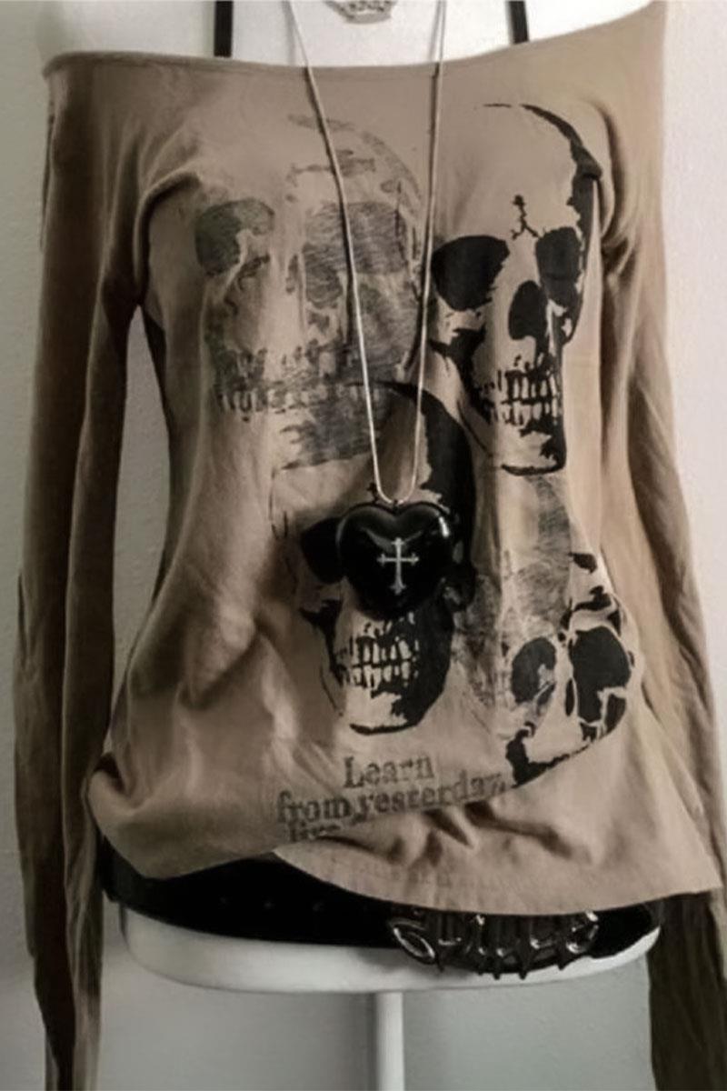 Bej Gothic Skulls Askılı Uzun Kollu Crop