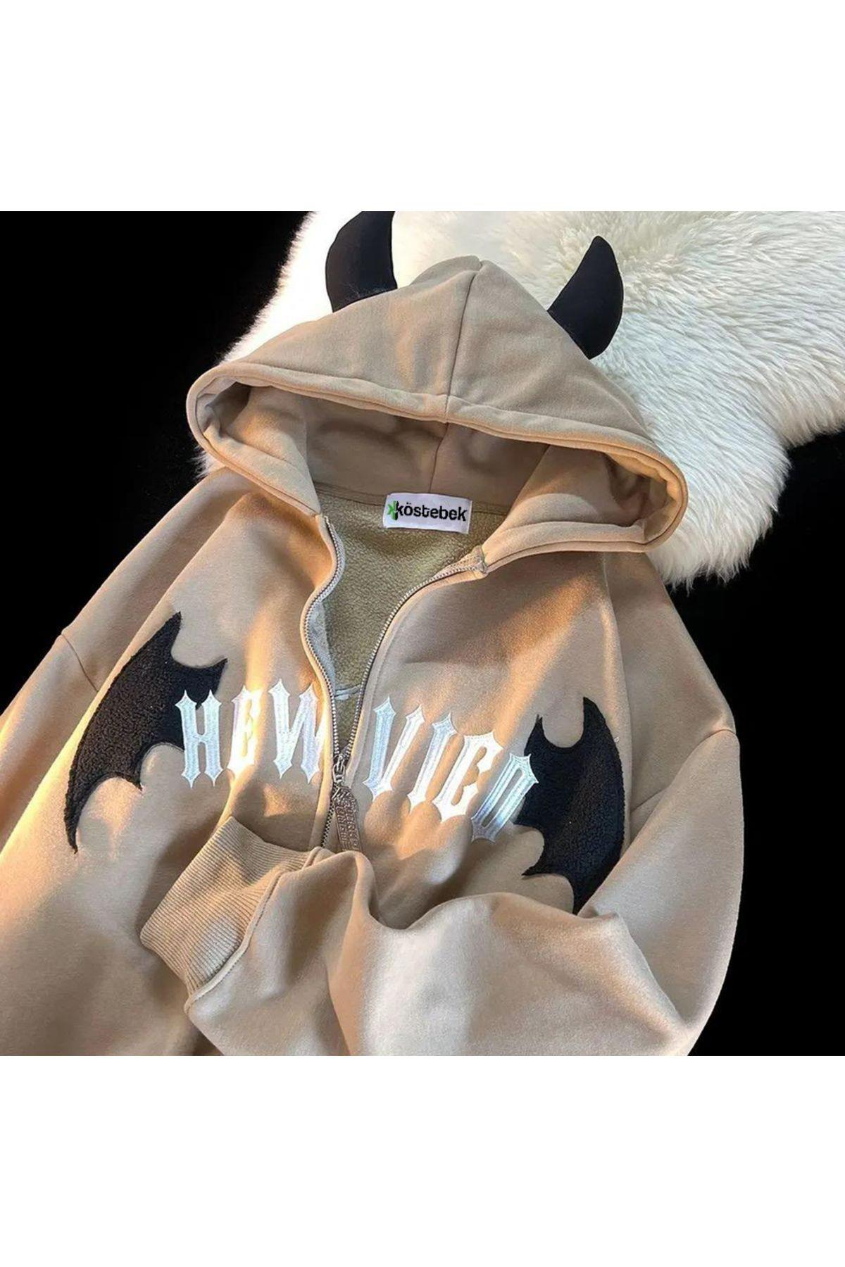 Bej Hew Vigo Kulak Detaylı Kalın Kumaş Fermuarlı (Unisex) Kapüşonlu Sweatshirt