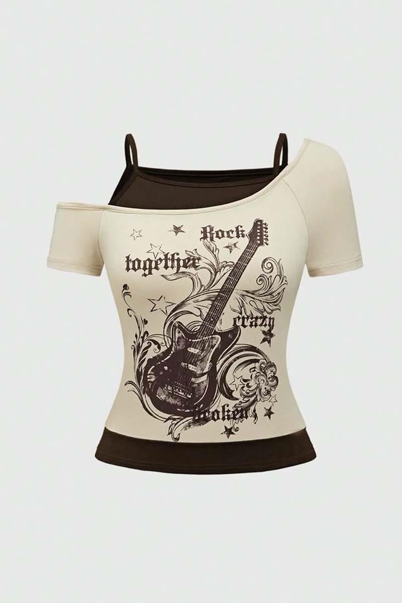 Bej Rock Together Brown Guitar Ek Askılı Kısa Kollu Full Body Crop