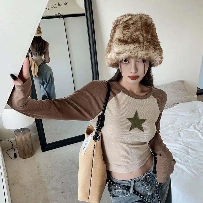Bej Star Raglan Kahverengi Uzun Kollu Crop