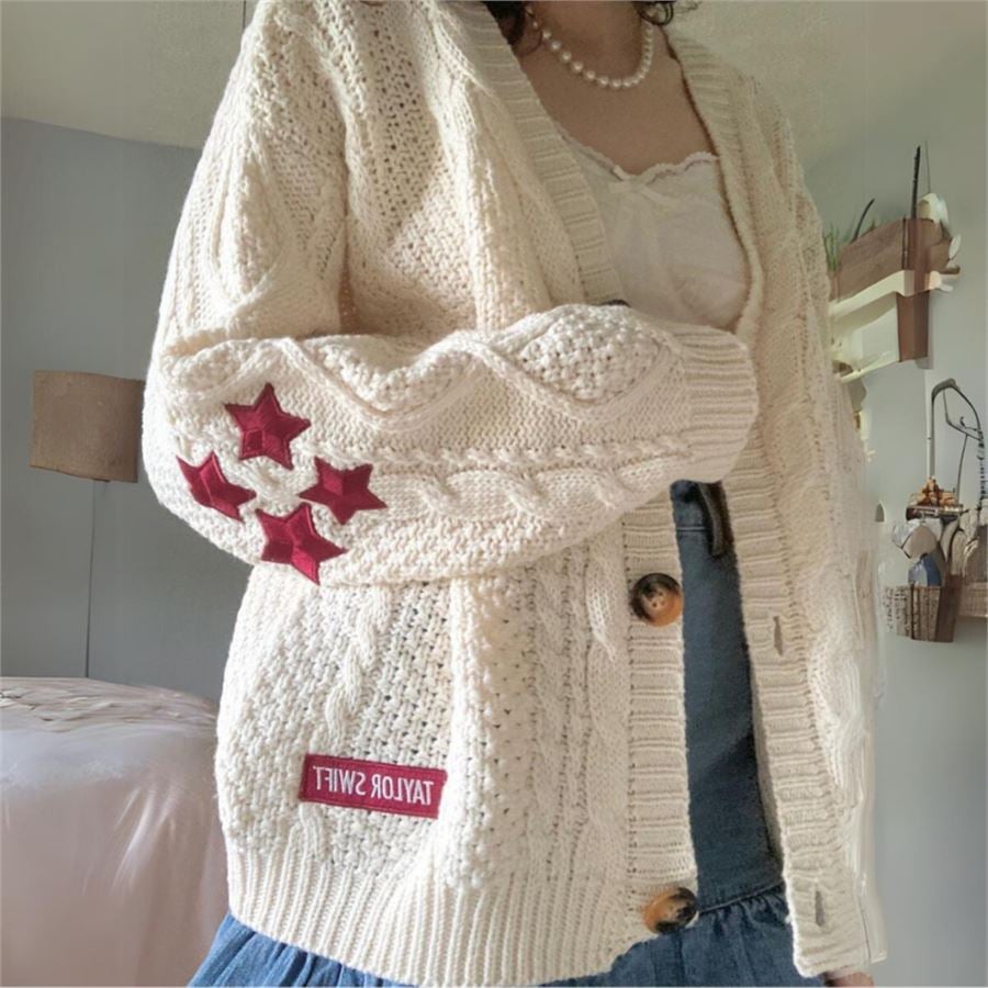 Bej Taylor Swift - Kırmızı Yıldız Cardigan Oversize Hırka