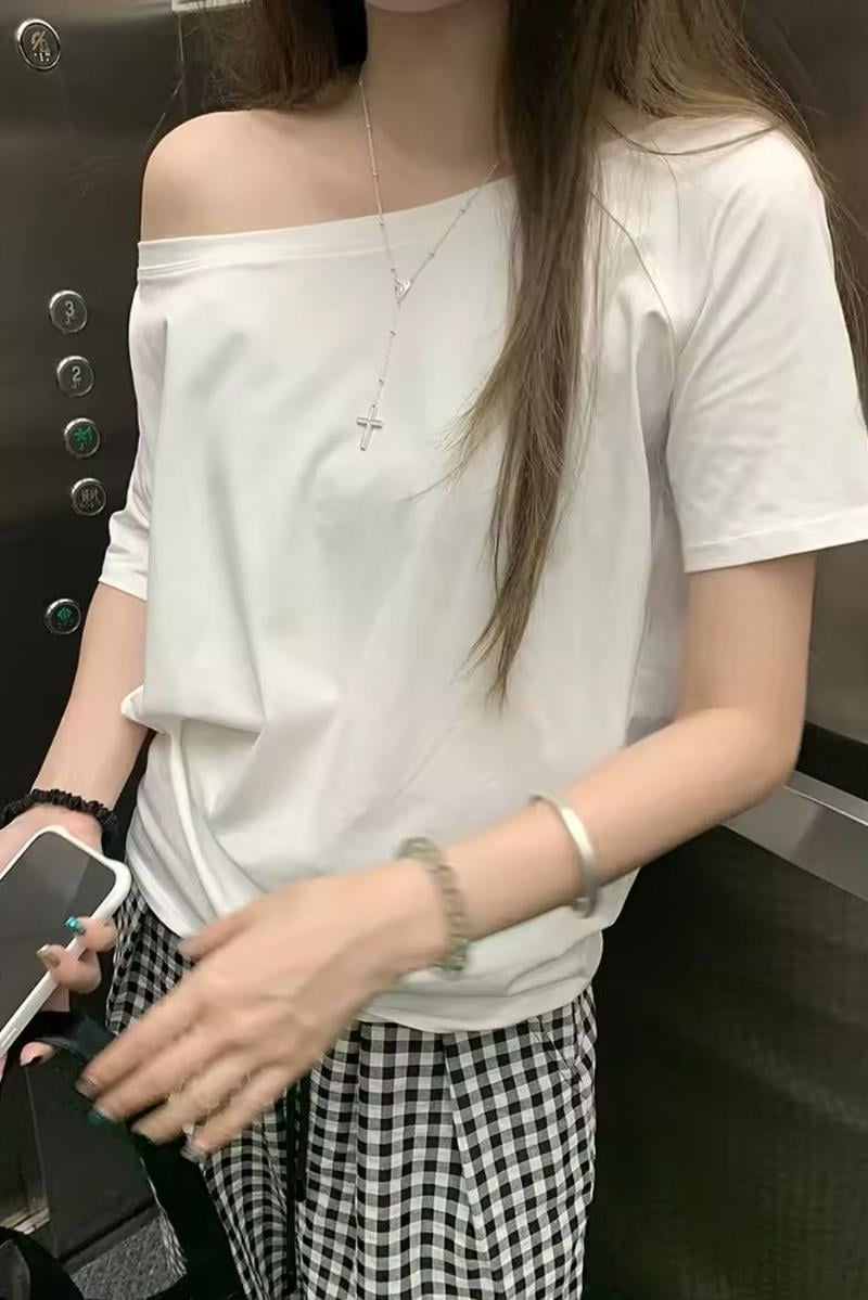 Beyaz Basic Düşük Omuz Kısa Kol T-shirt