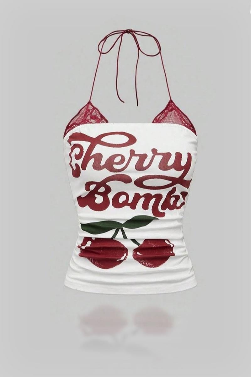 Beyaz Cherry Bomb Dantelli Ekli Askılı Crop