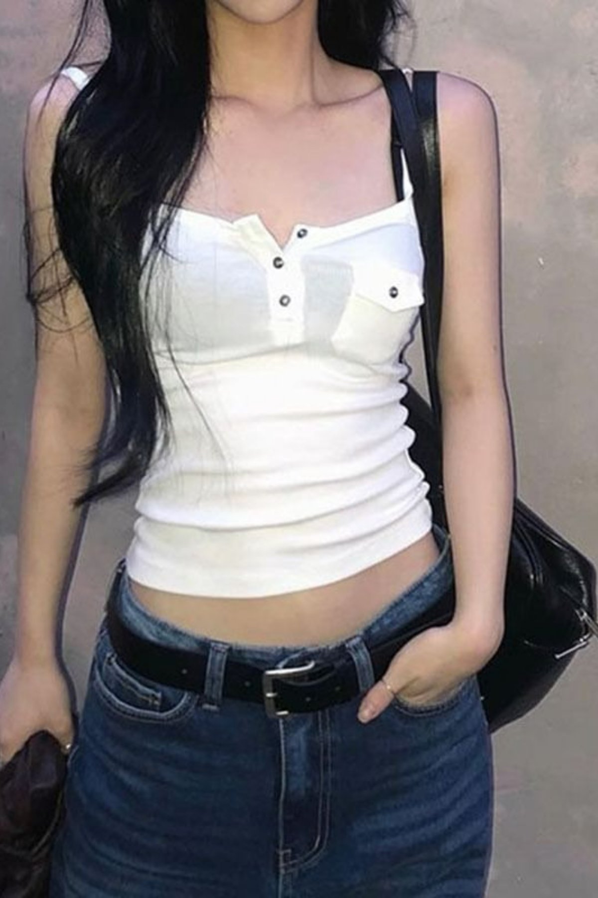 Beyaz Düğmeli Cepli Harajuku Y2K Askılı Crop