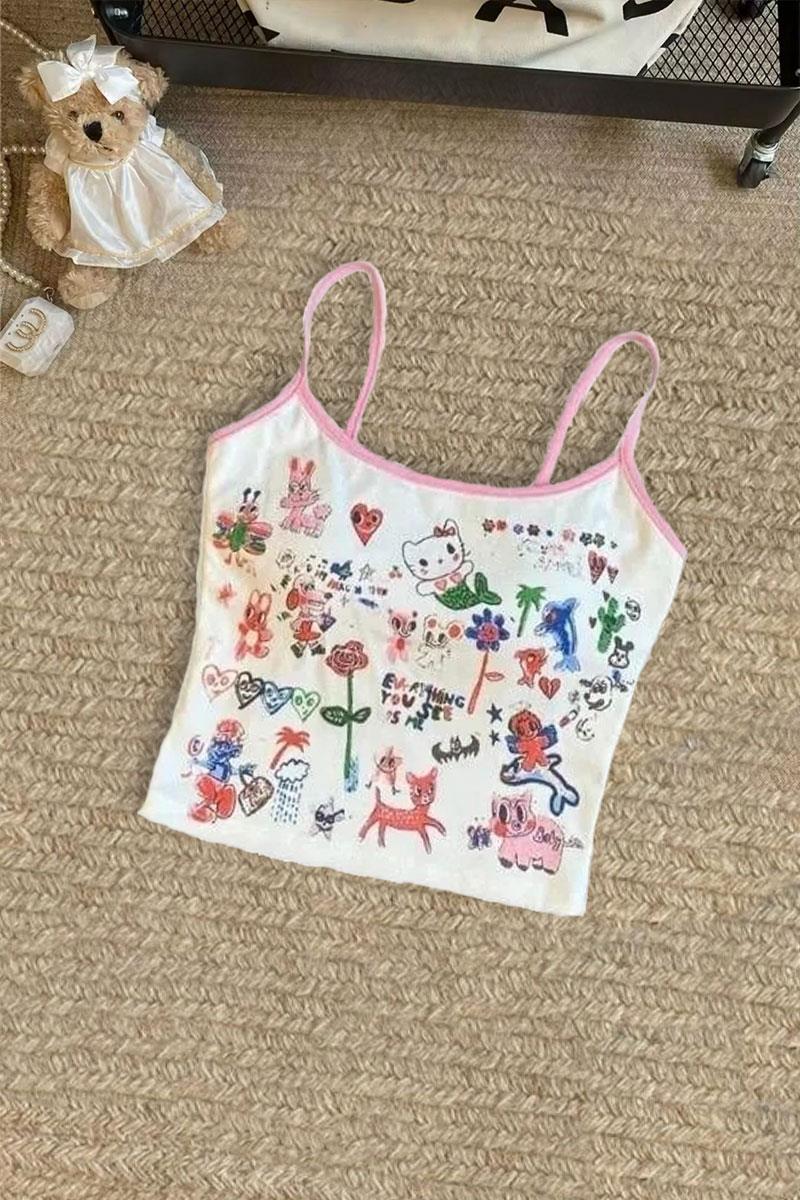 Beyaz Hello Kitty Collage Mix Pembe Şeritli Askılı Crop