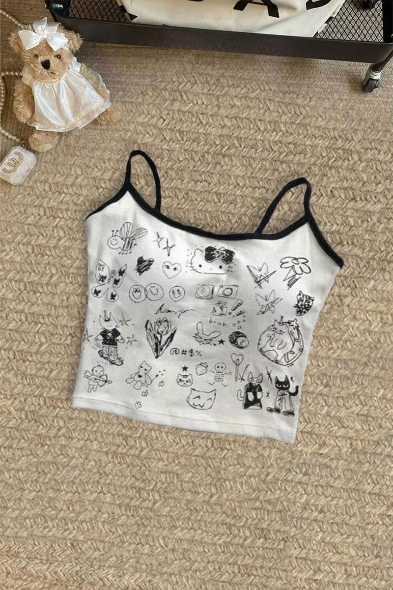 Beyaz Hello Kitty Collage Mix Siyah Şeritli  Askılı Crop