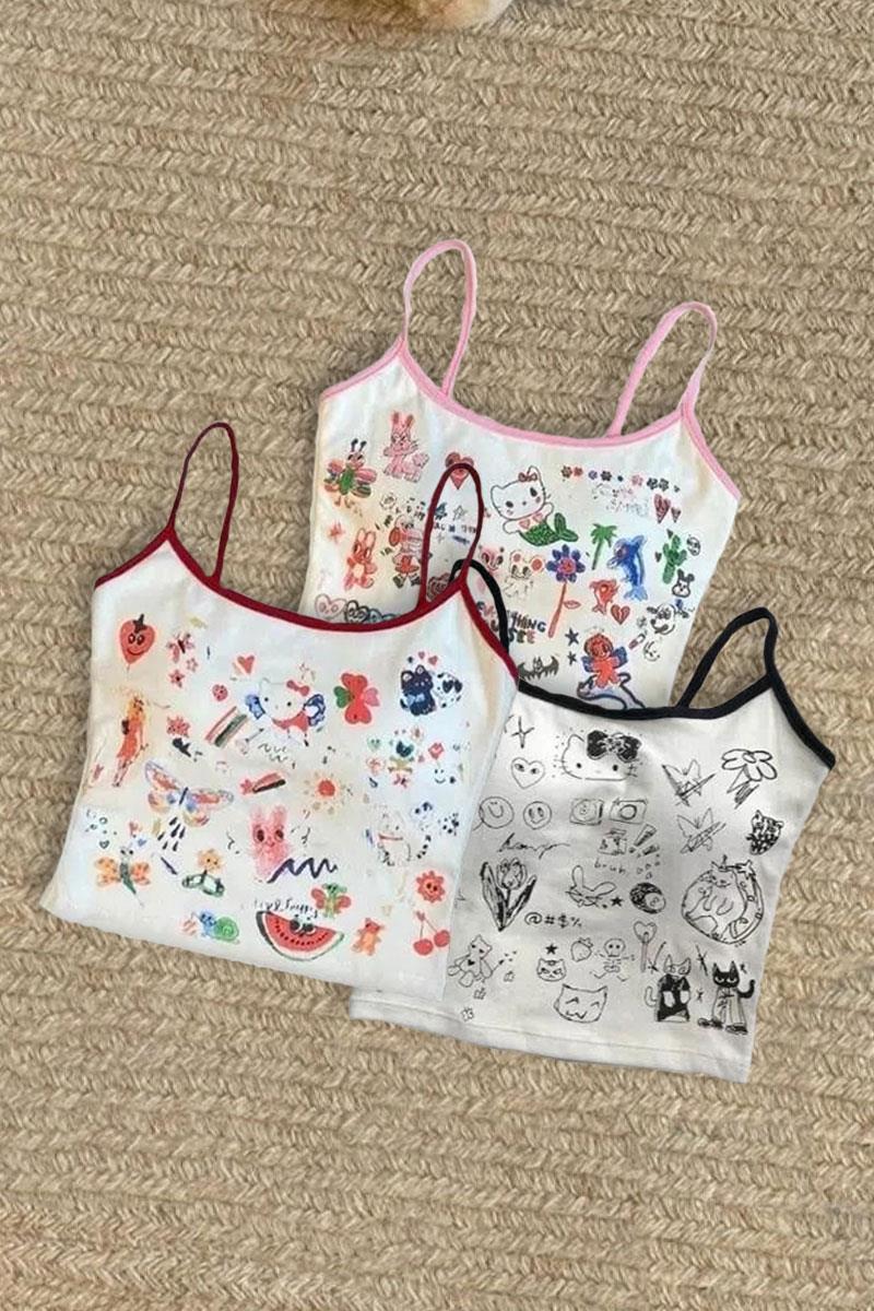 Beyaz Hello Kitty Collage Mix Siyah Şeritli  Askılı Crop