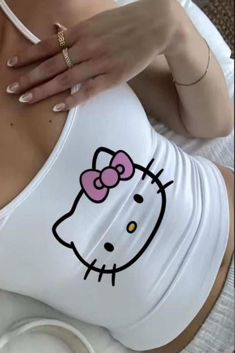 Beyaz Hello Kitty Logo Askılı Crop