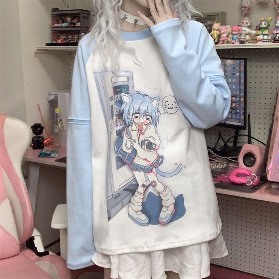 Beyaz Raglan Japanese Cat Girl Mavi Unisex Çıkarılabilir Sweatshirt