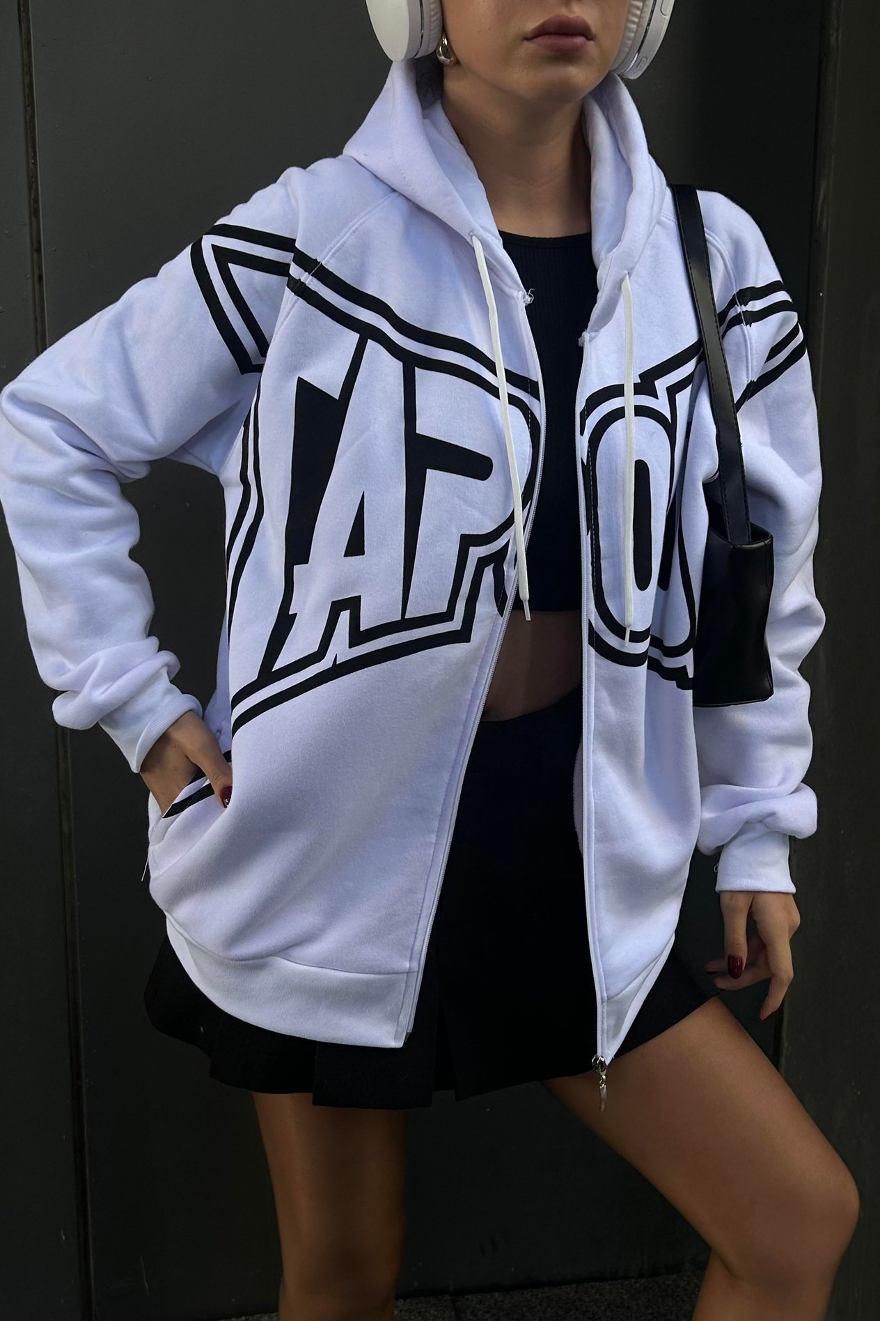 Beyaz Tapout Full Print Cyber Grunge Kapüşonlu Sweatshirt