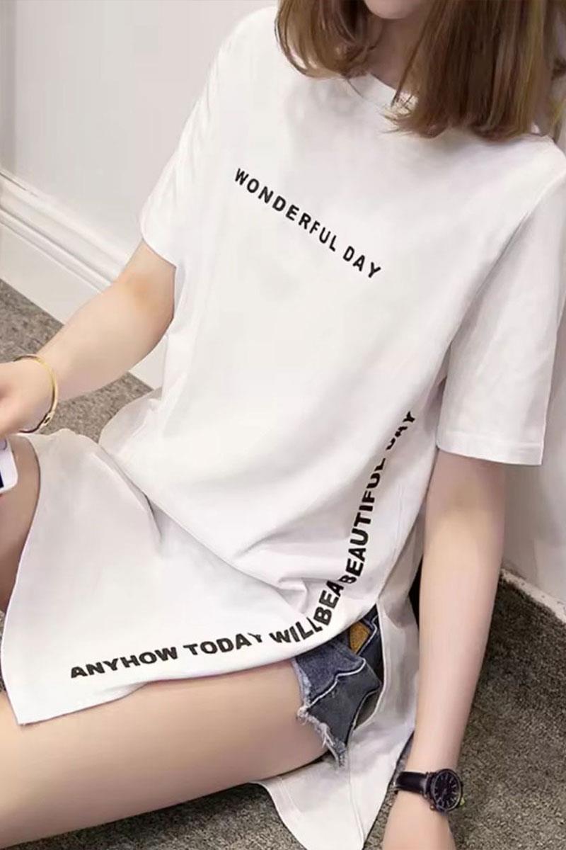 Beyaz Wonderful Day Yırtmaçlı Tunik T-shirt