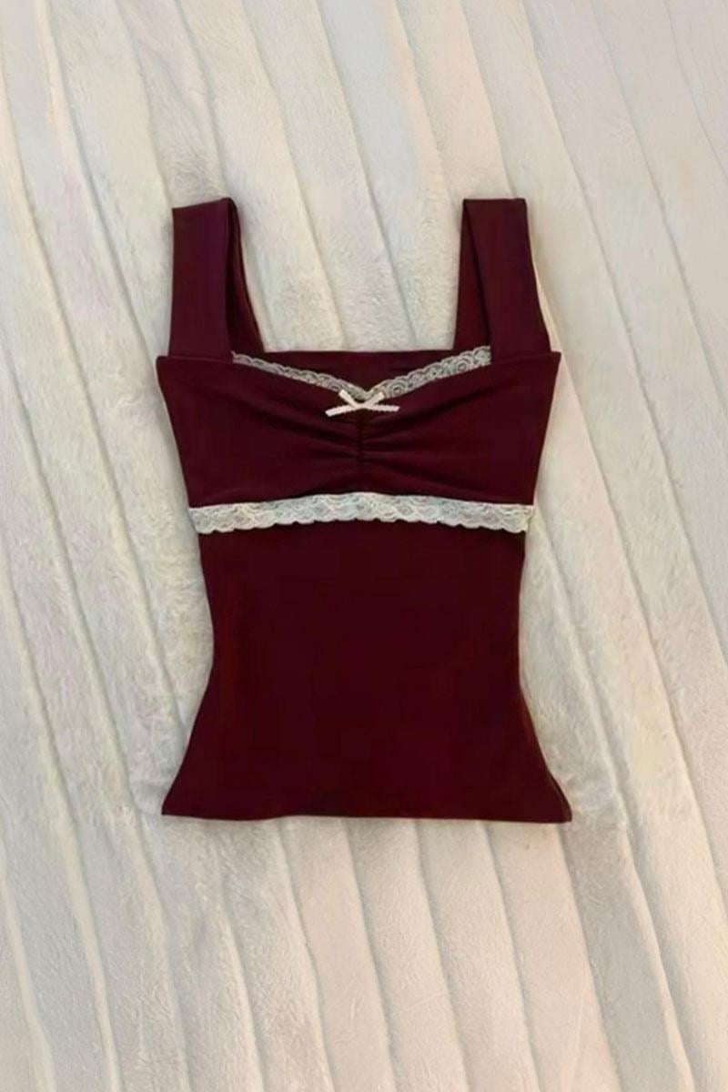 Bordo Dantel Yaka Kurdele Detaylı Kısa Kollu Crop
