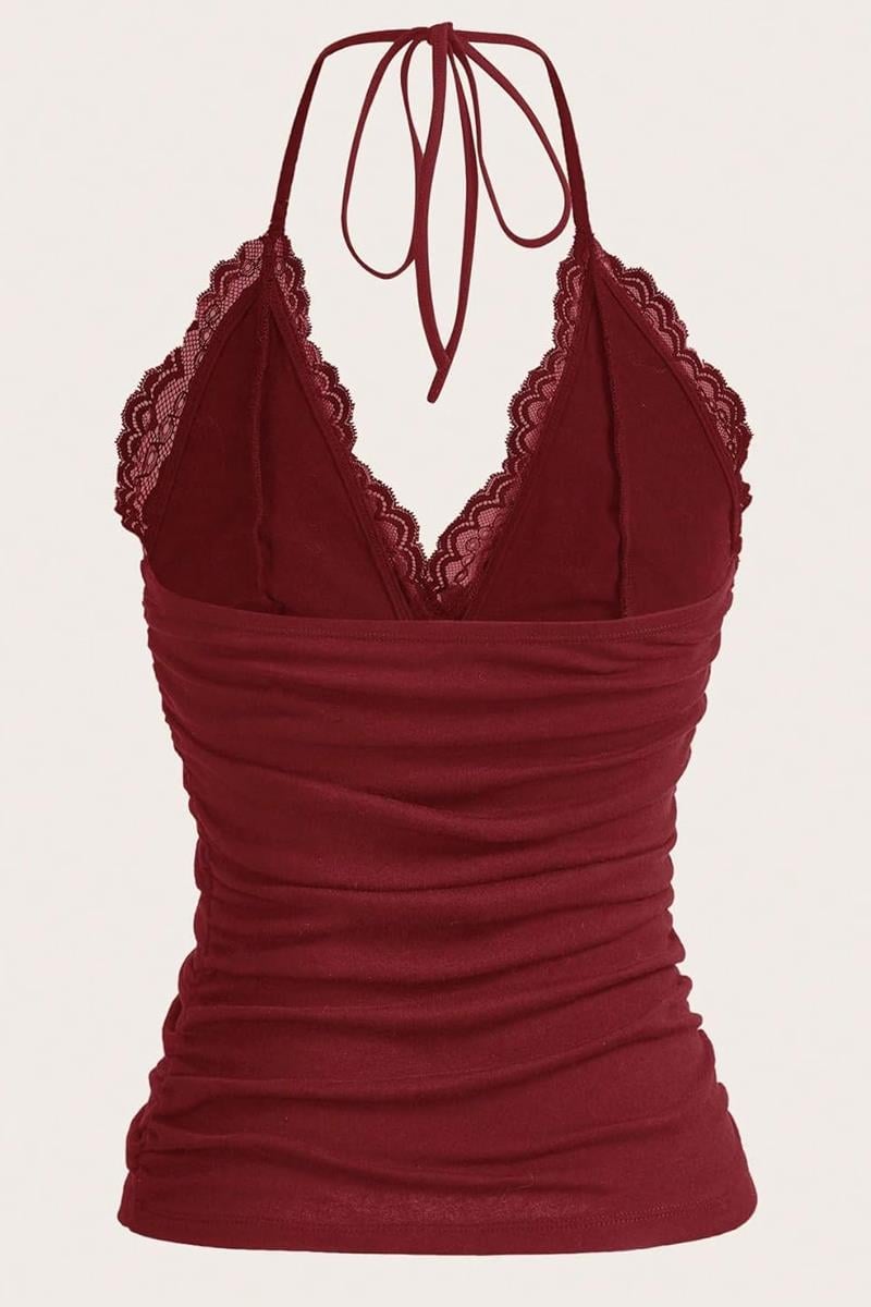 Bordo Dantelli V Yaka Gothic Boyun Bağlamalı Full Body Crop