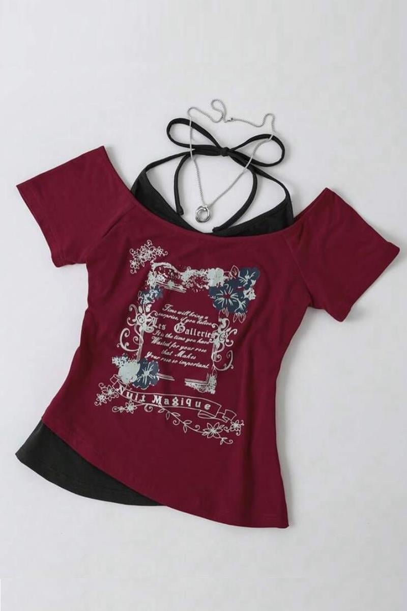 Bordo Nuit Magique Madonna Yaka Ek Askılı Kısa Kollu Full Body Crop