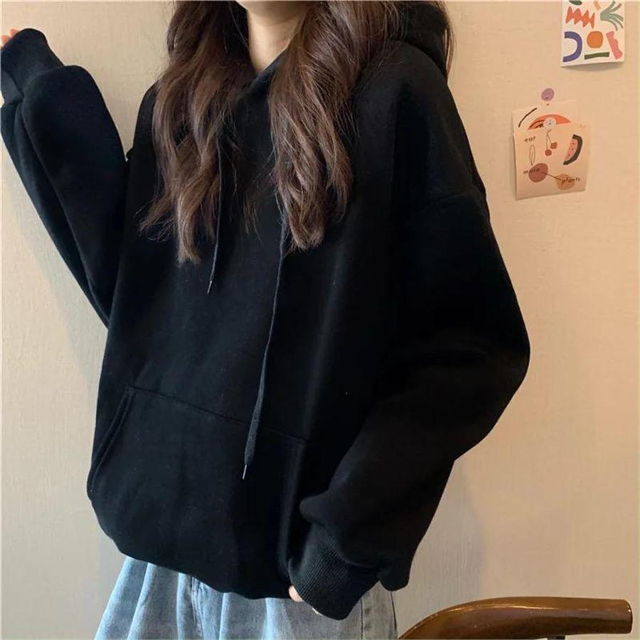 Düz Siyah Fermuarsız Kalın Kumaş (Unisex) Kapüşonlu Sweatshirt