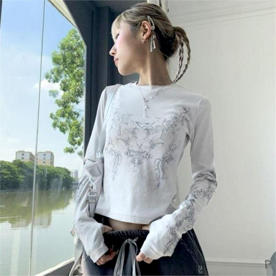Ekru Heart Punk Cyber Grunge Uzun Kollu Crop