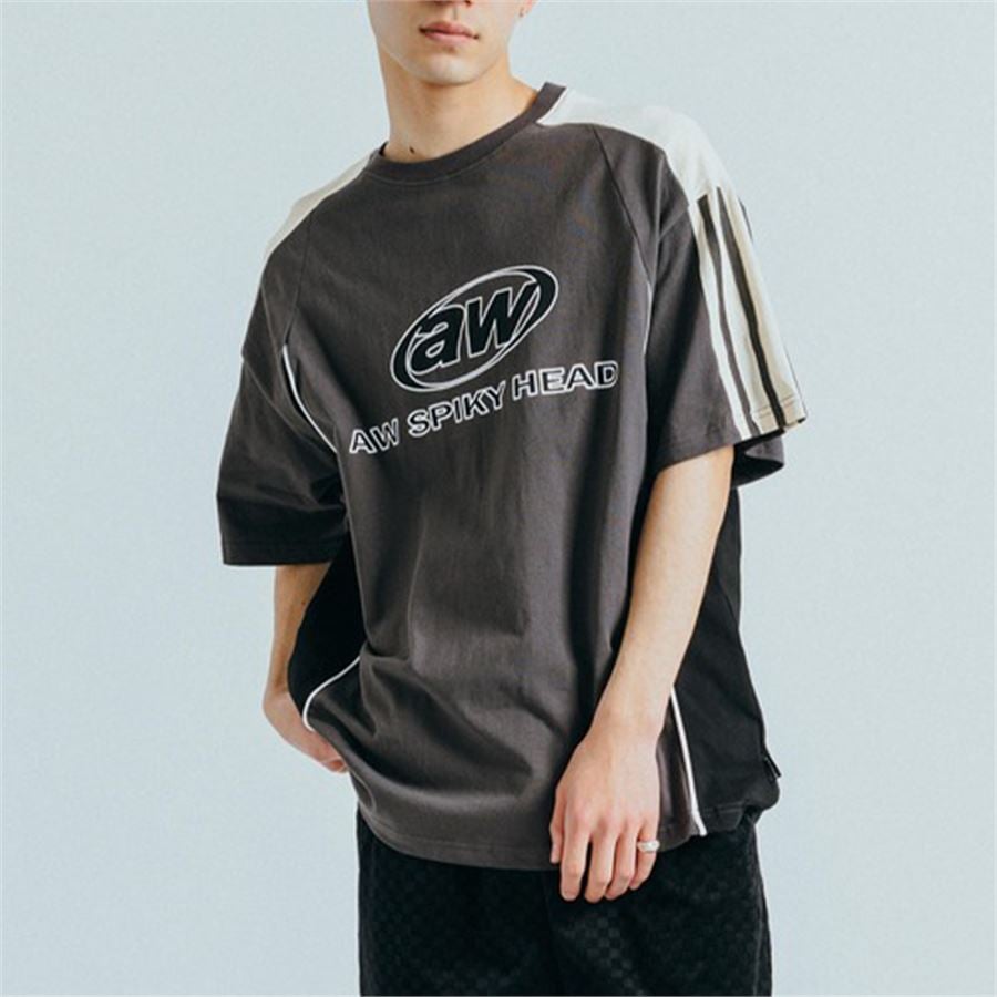 Füme Aw Spiky Head Bej Parçalı Şerit Detay Unisex T-Shirt