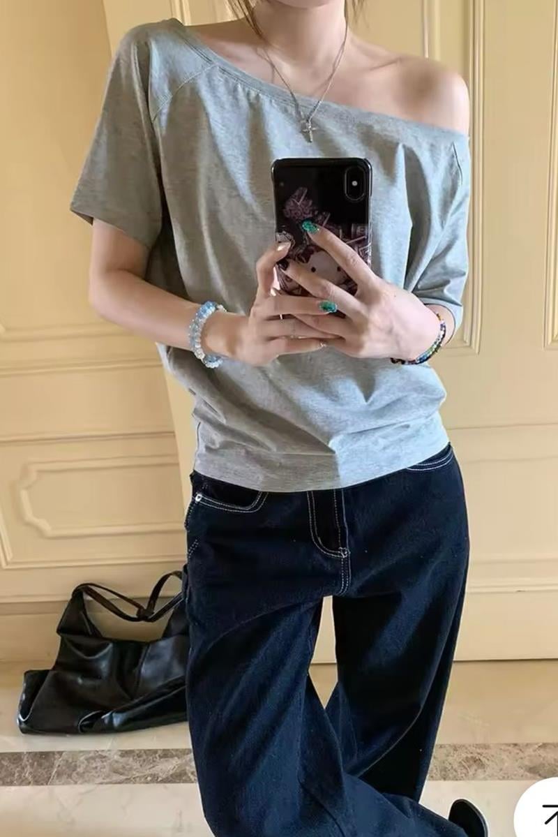 Gri Melanj Basic Düşük Omuz Kısa Kol T-shirt