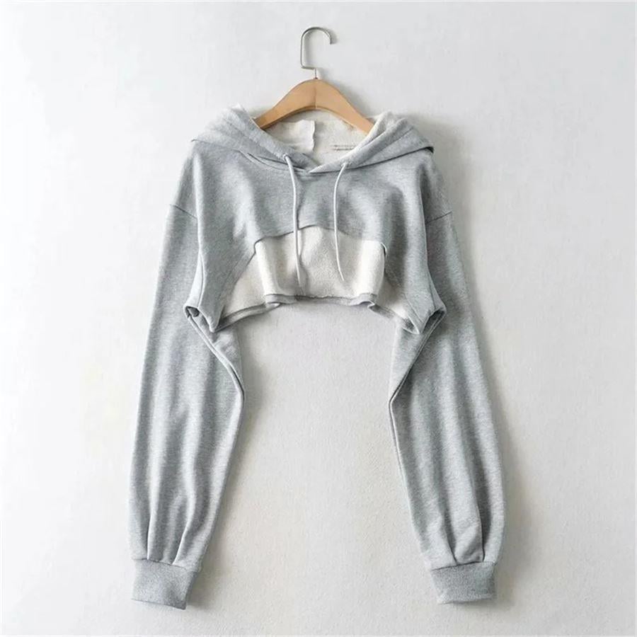 Gri Melanj Crop Bolero Kapüşonlu Sweatshirt