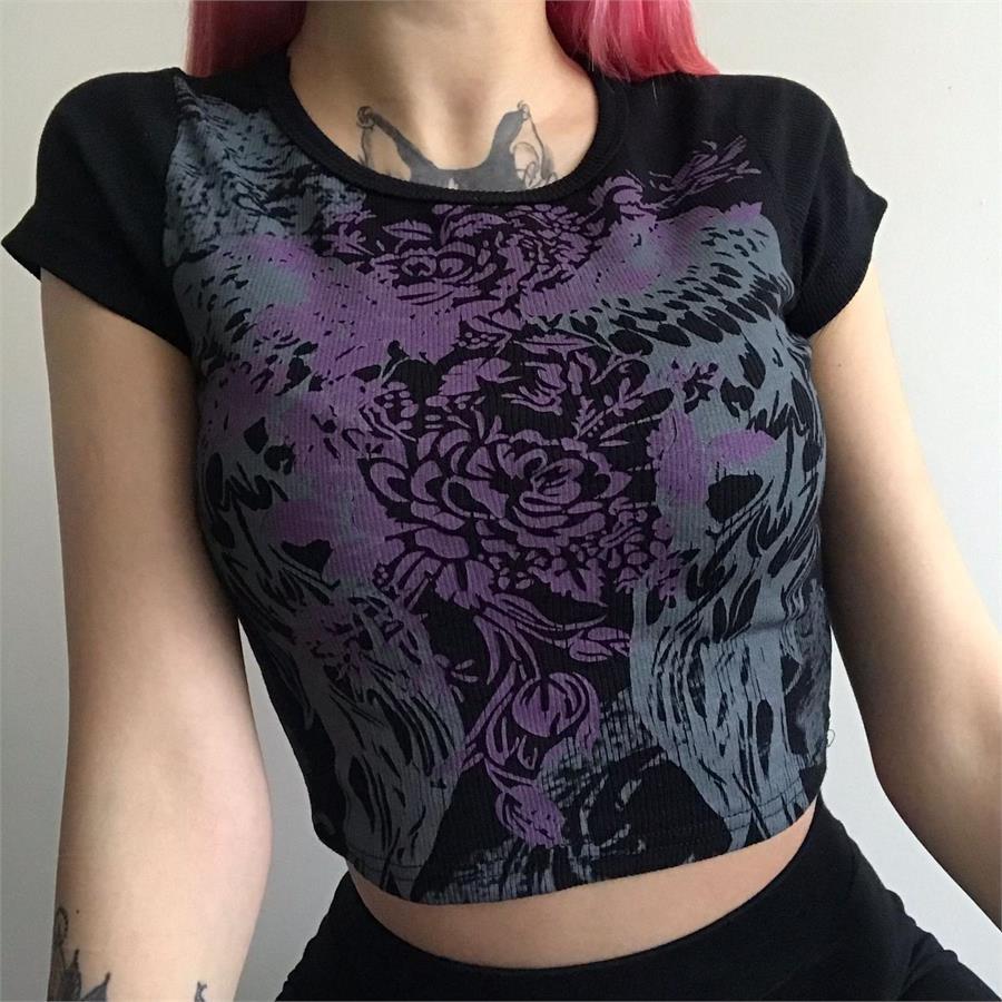 Harajuku Fashion Flower Wings Siyah Yarım Kadın T-Shirt