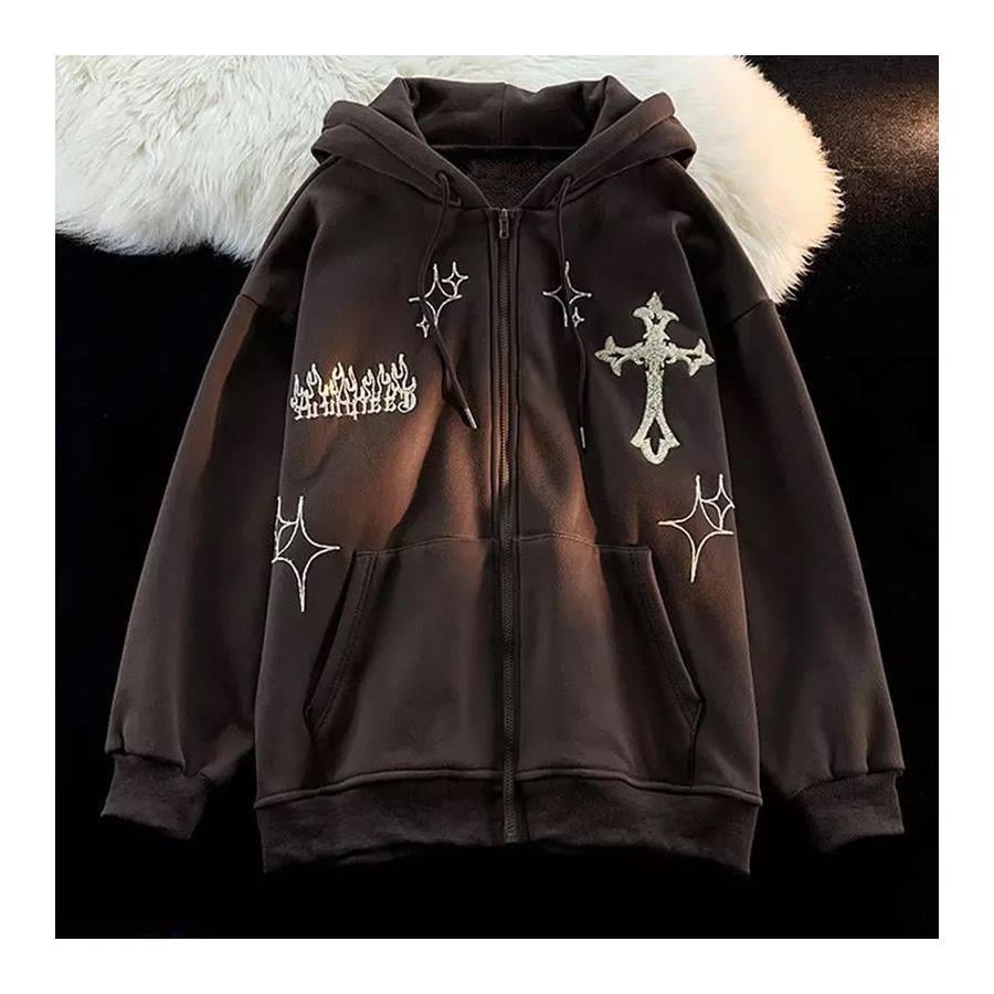 Kahverengi Cross And Star Fermuarlı (Unisex) Kapüşonlu Sweatshirt