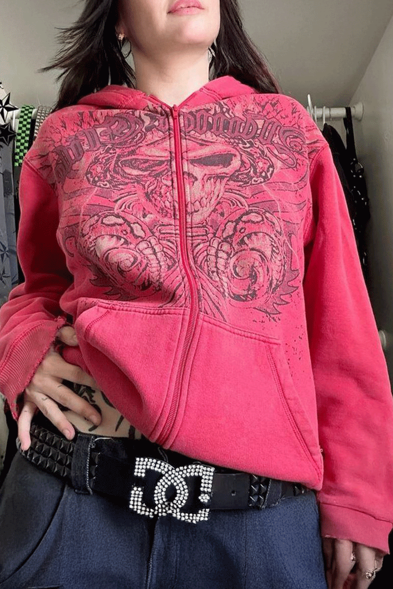 Kırmızı Skull Horn Cyber Grunge Kapüşonlu Unisex Hırka