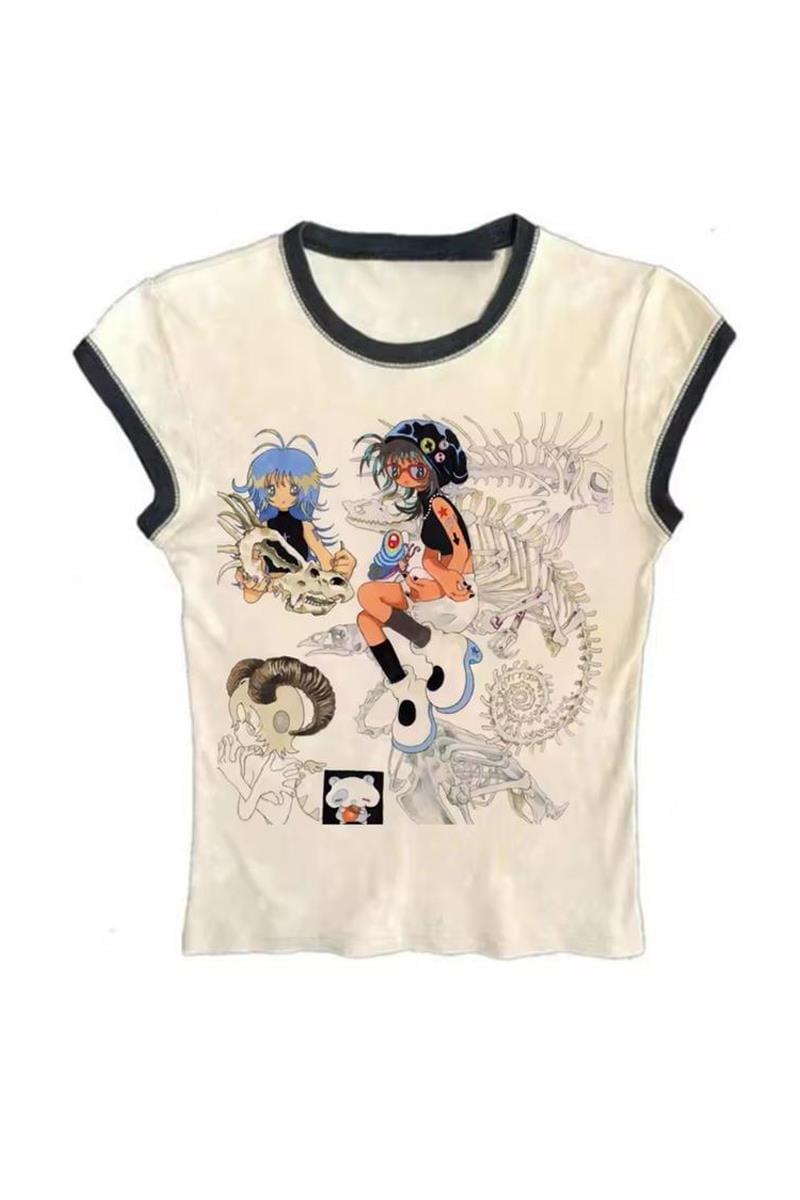 Krem Anime Girls Skull Kısa Kollu Crop
