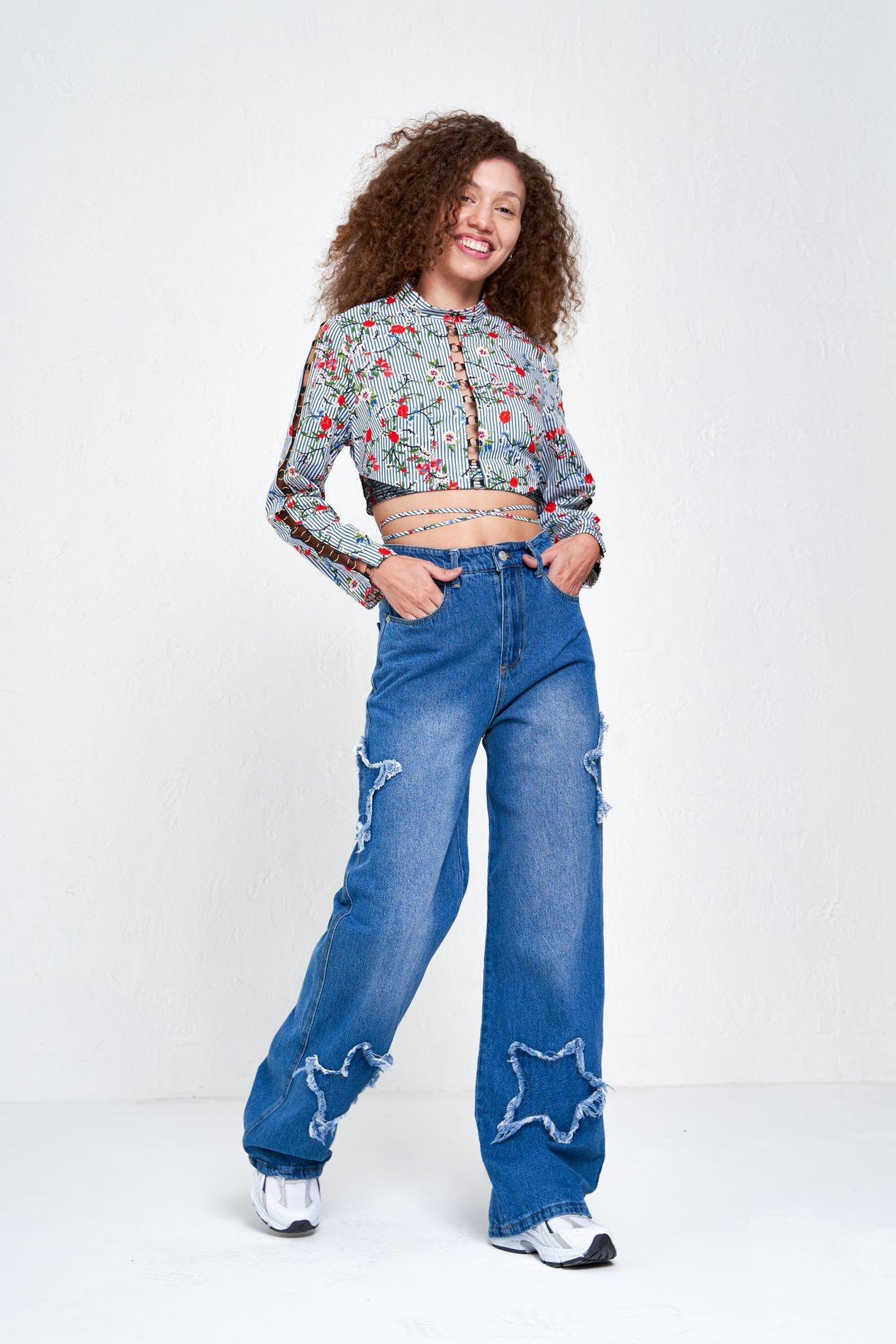 Lacivert Yıldız Yamalı Vintage Kot Pantolon