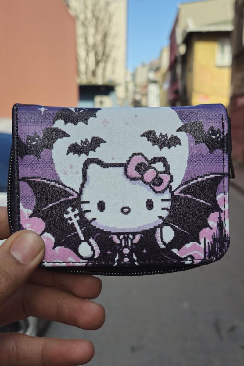 Lila Pixel Superbat Kitty Kısa Cüzdan