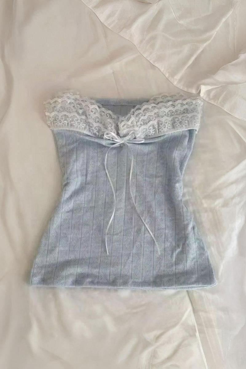 Mavi Dantelli Kurdeleli Y2K Straplez Crop