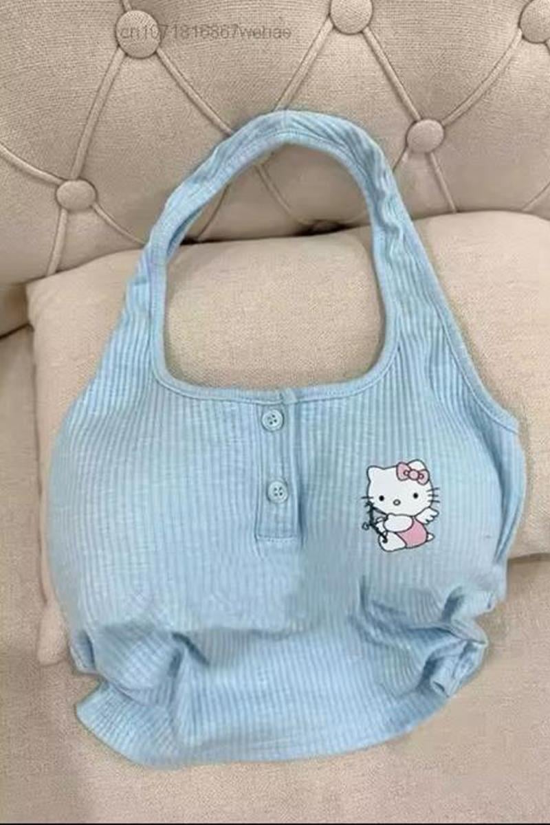 Mavi Hello Kitty Fitilli Kumaş Boyundan Askılı Crop