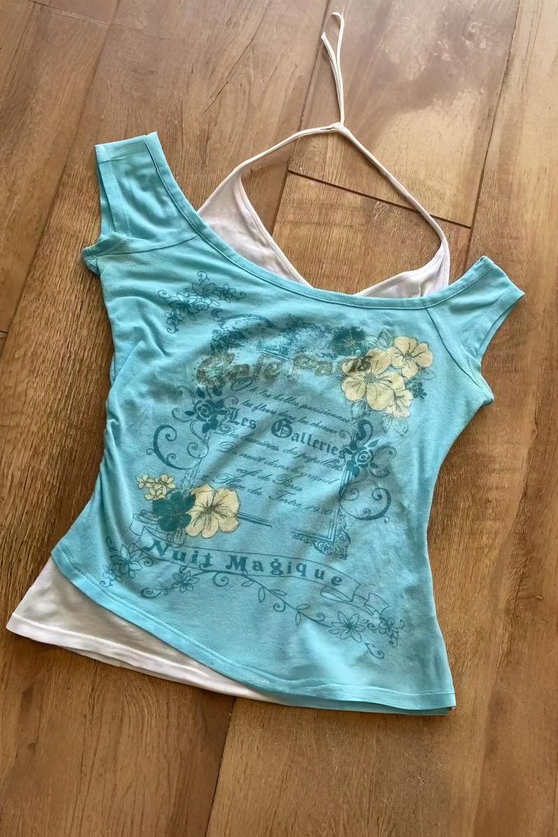 Mavi Nuit Magique Madonna Yaka Ek Askılı Kısa Kollu Full Body Crop