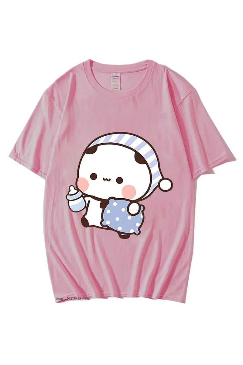 Pembe Bubu Dudu Panda Sleepy Çift Unisex T-shirt