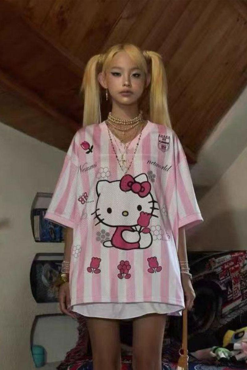Pembe Hello Kitty Deatil V Yaka Forma Unisex T-shirt