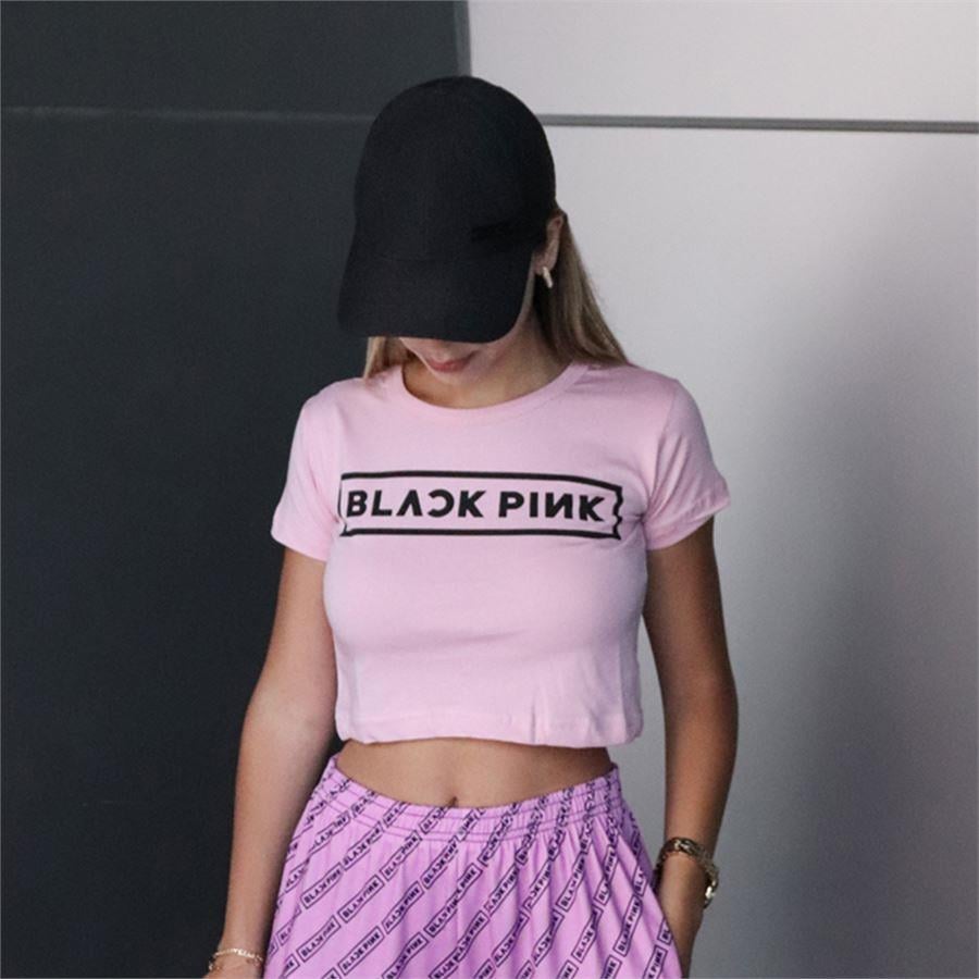 Pembe K-Pop Black Pink Logo Yarım T-Shirt