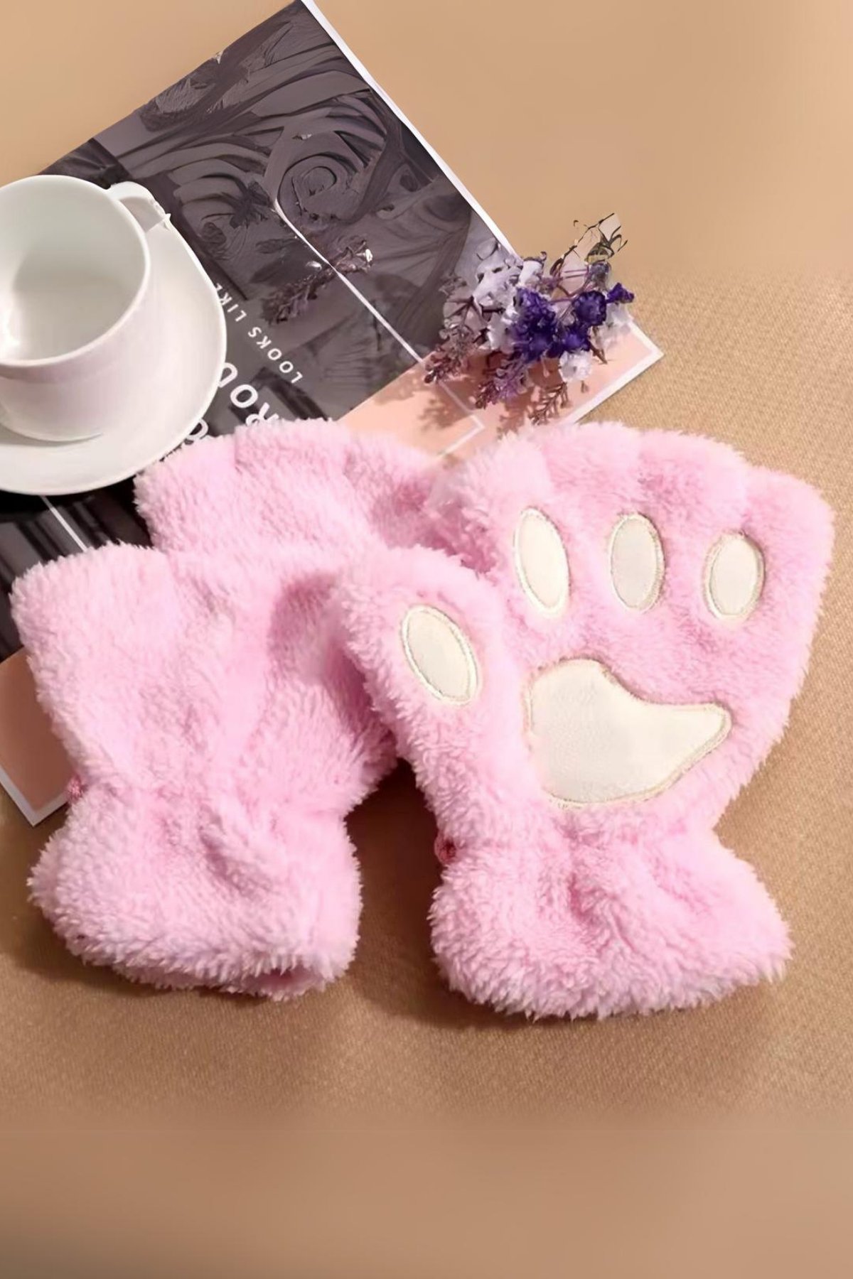 Pembe Peluş Pati Kesik Parmak Eldiven