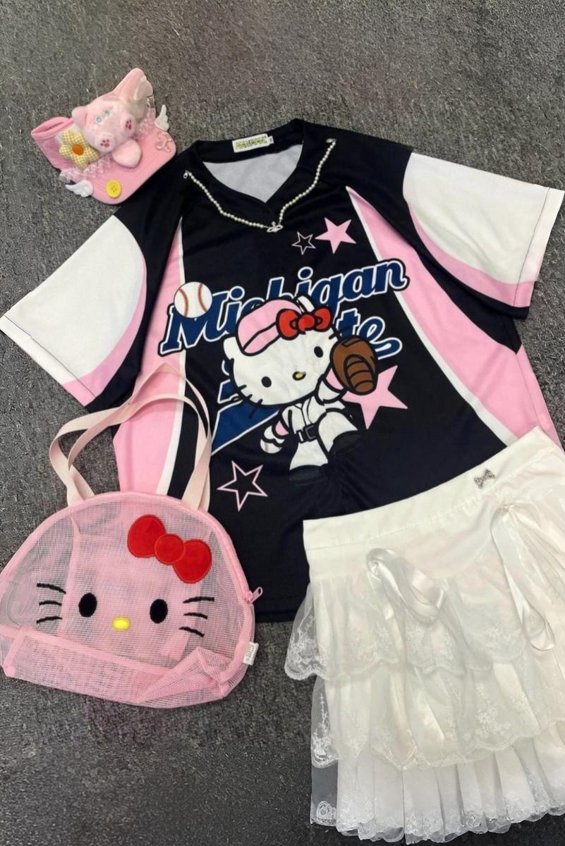 Pembe Siyah Hello Kitty Michigan Sports Forma Unisex T-shirt