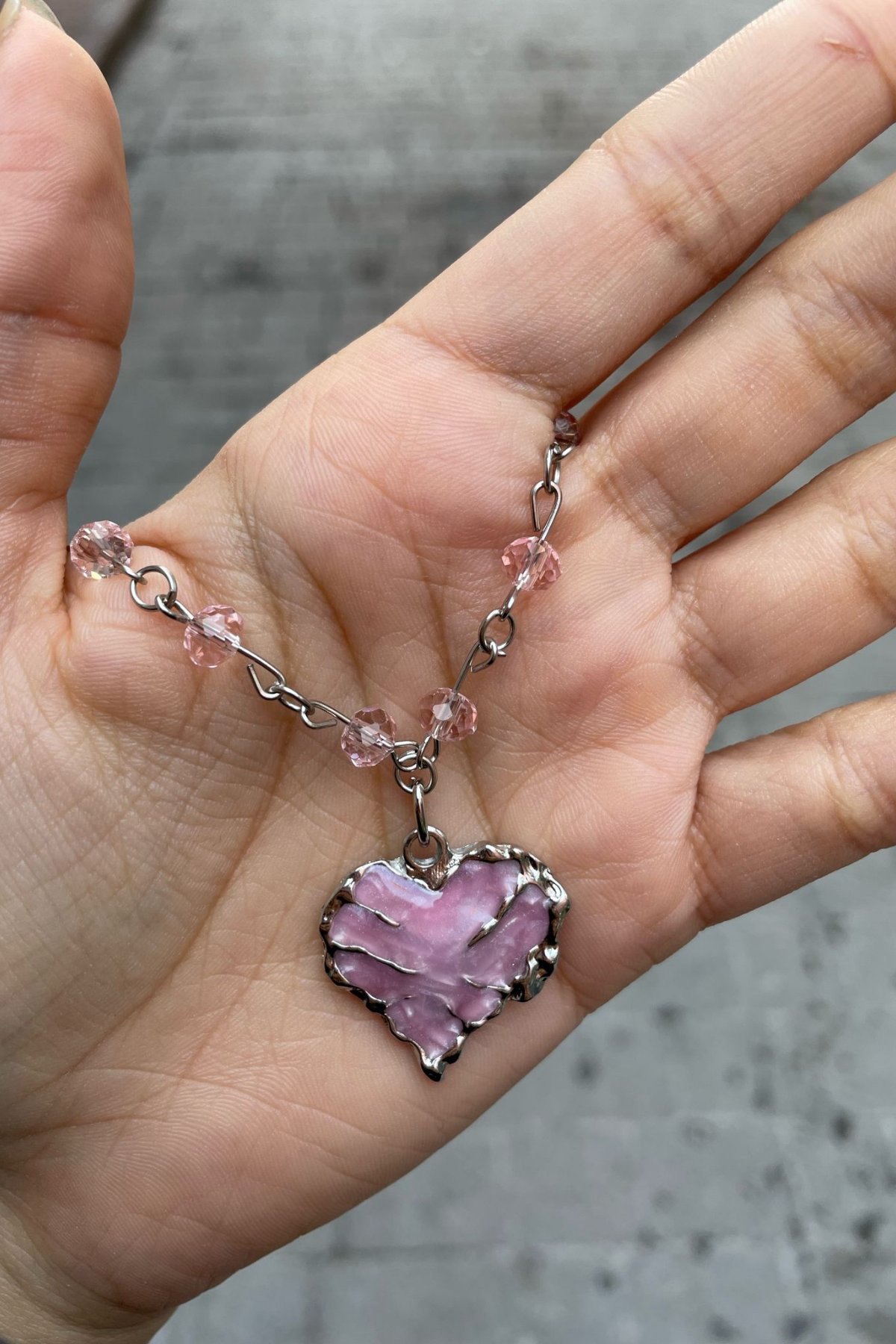 Pembe Taşlı Kalp Silver Kolye