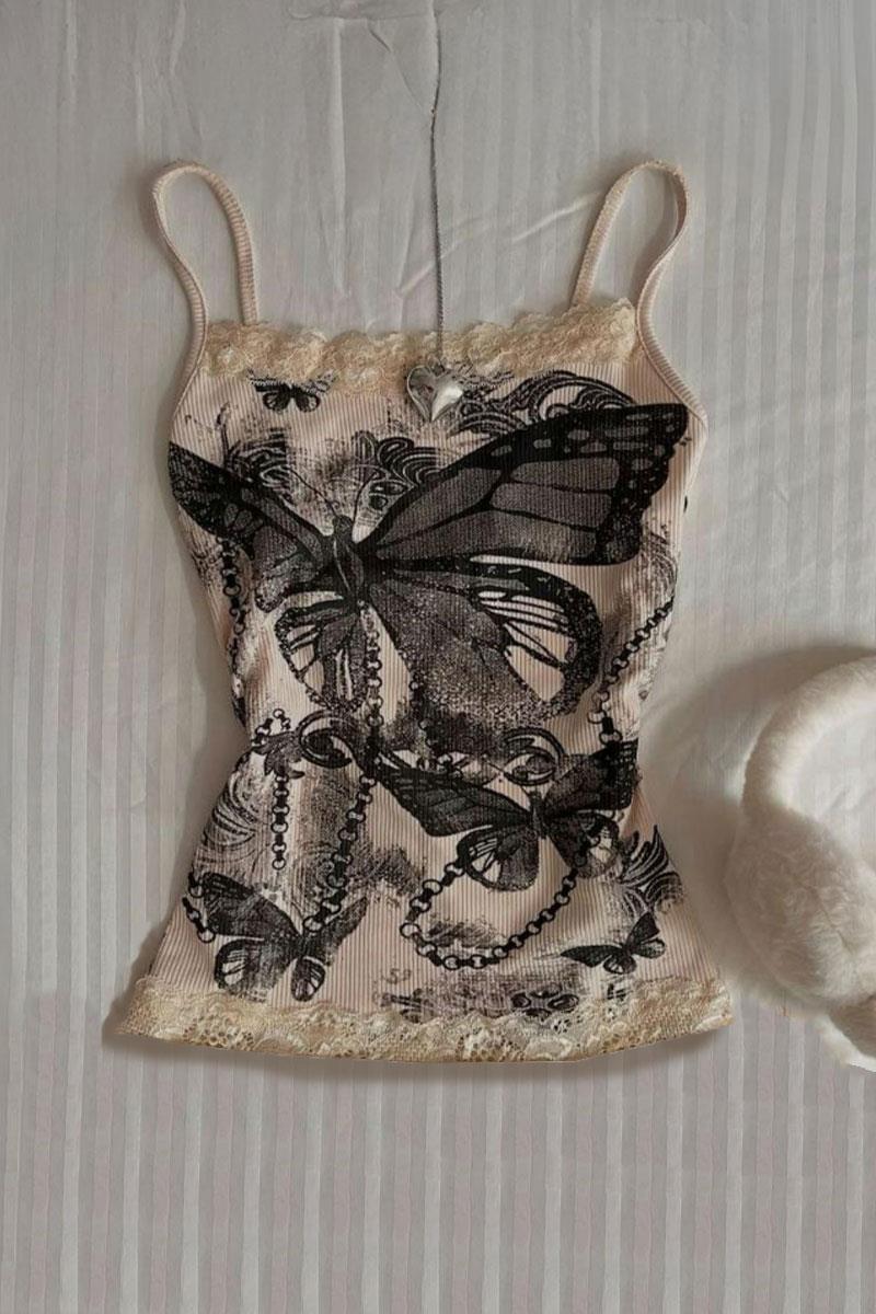 Krem Butterfly Dantelli Gotik Y2K Askılı Crop