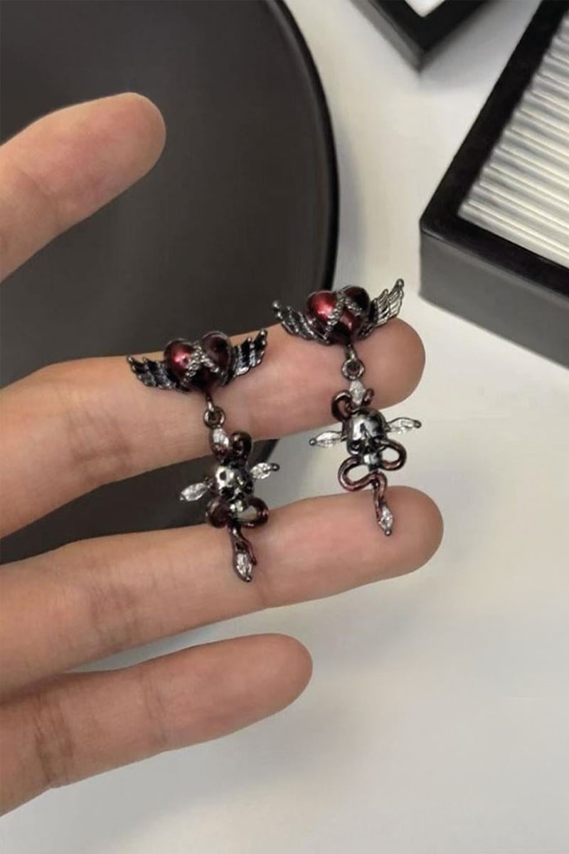 Silver Red Heart Snake Skull Gothic küpe