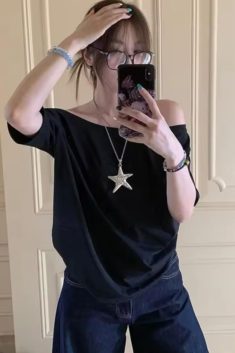 Siyah Basic Düşük Omuz Kısa Kol T-shirt