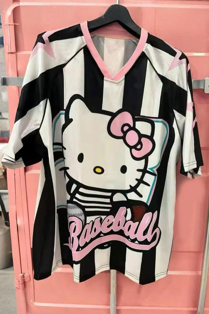 Siyah Beyaz Çizgili Pembe Baseball Hello Kitty Unisex T-shirt